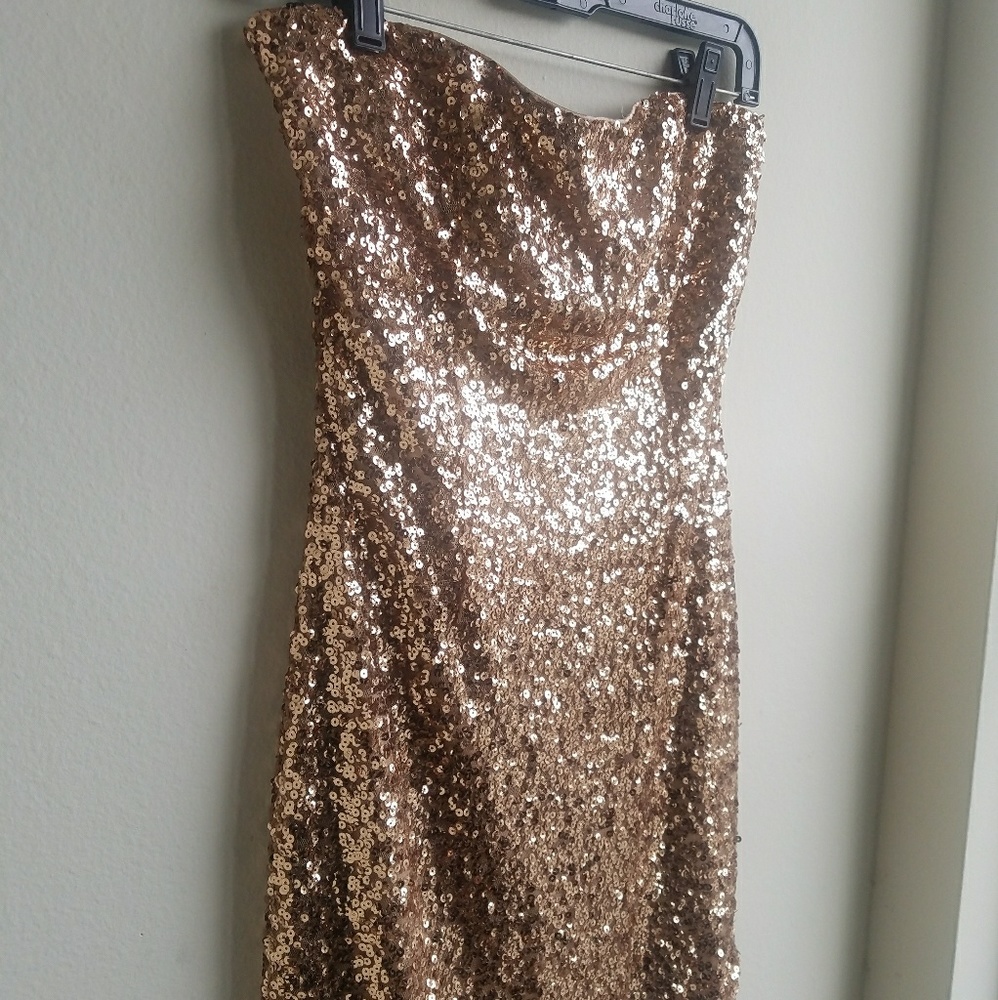 Golden Sequin Strapless Mini Dress